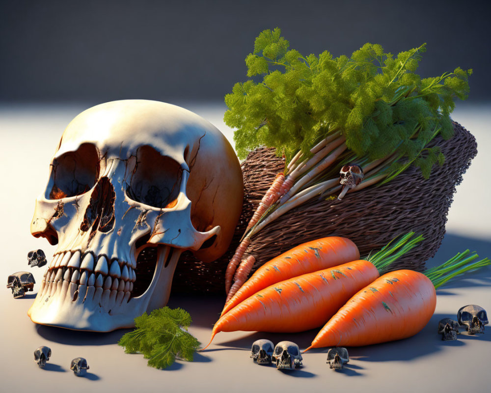 Human skull with small skulls near carrots in a basket on gray surface