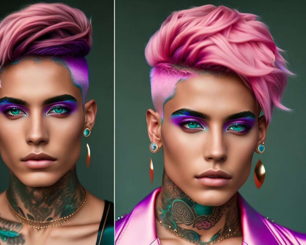 Vibrant pink and purple hair person in two poses on green background