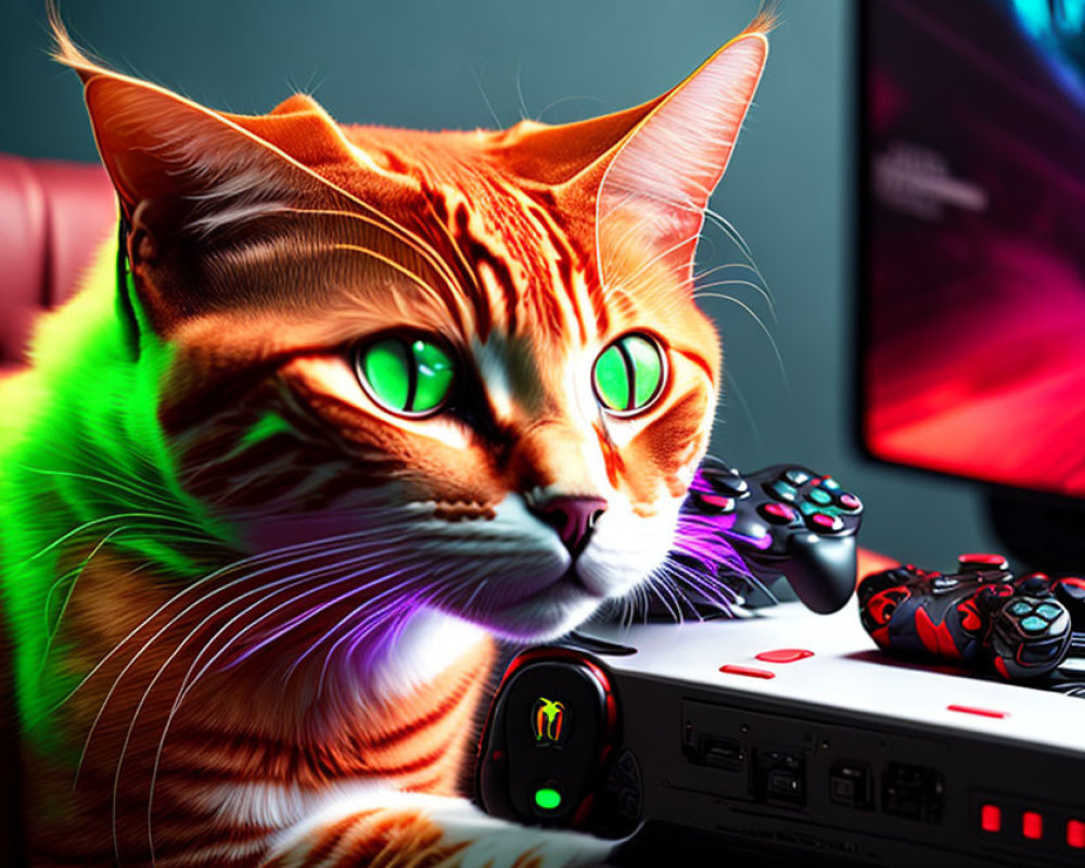 Digital art: Orange tabby cat with green eyes in gaming setup
