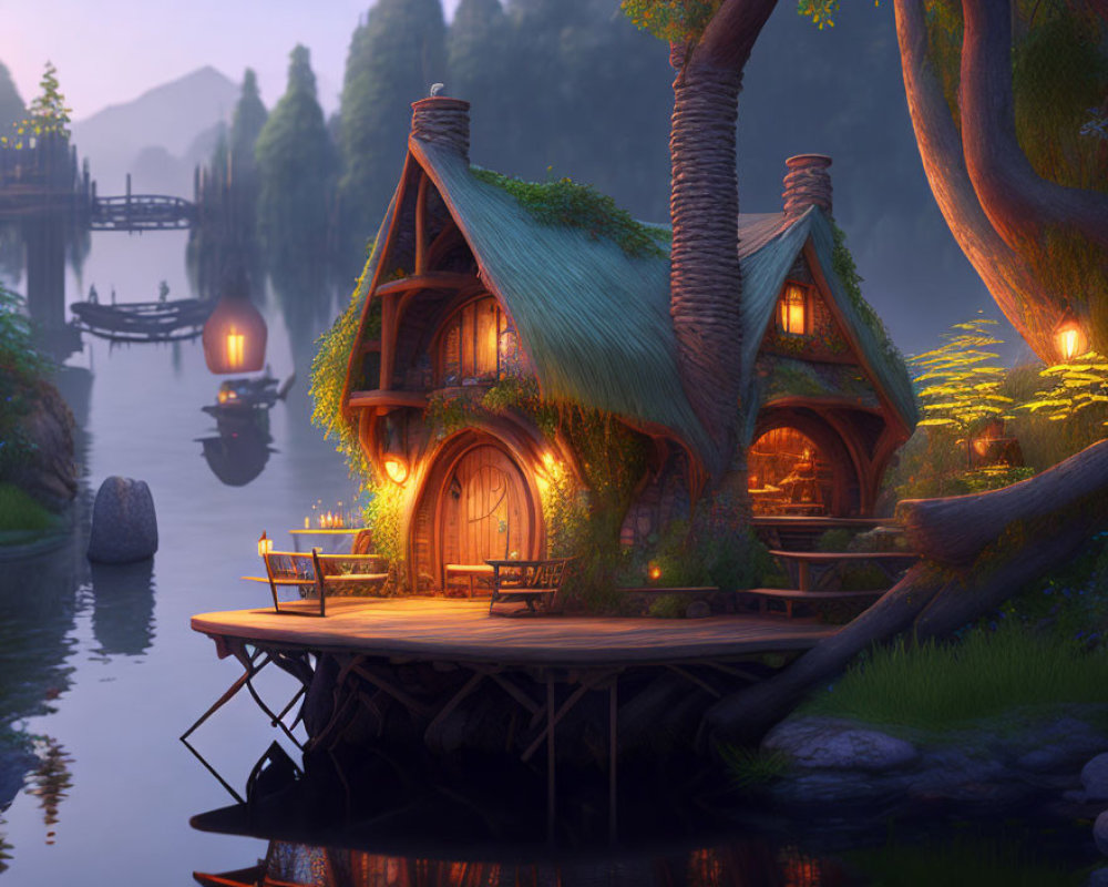 Quaint cottage with thatched roof by serene lake at twilight