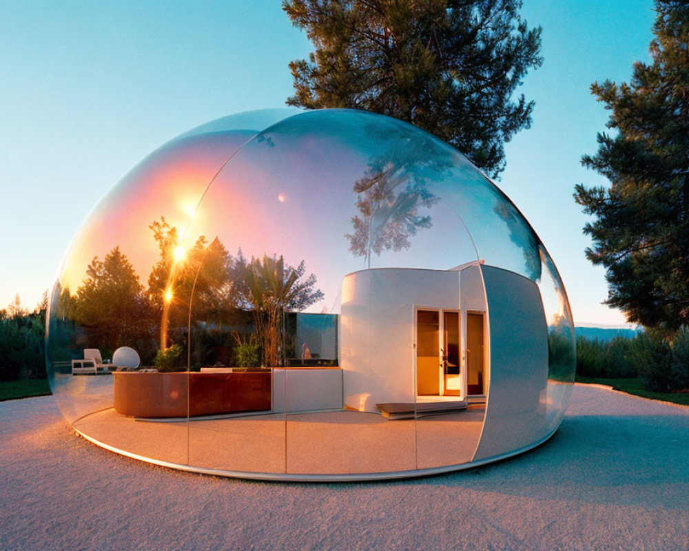 Modern geodesic dome house with transparent design and sunset reflection.
