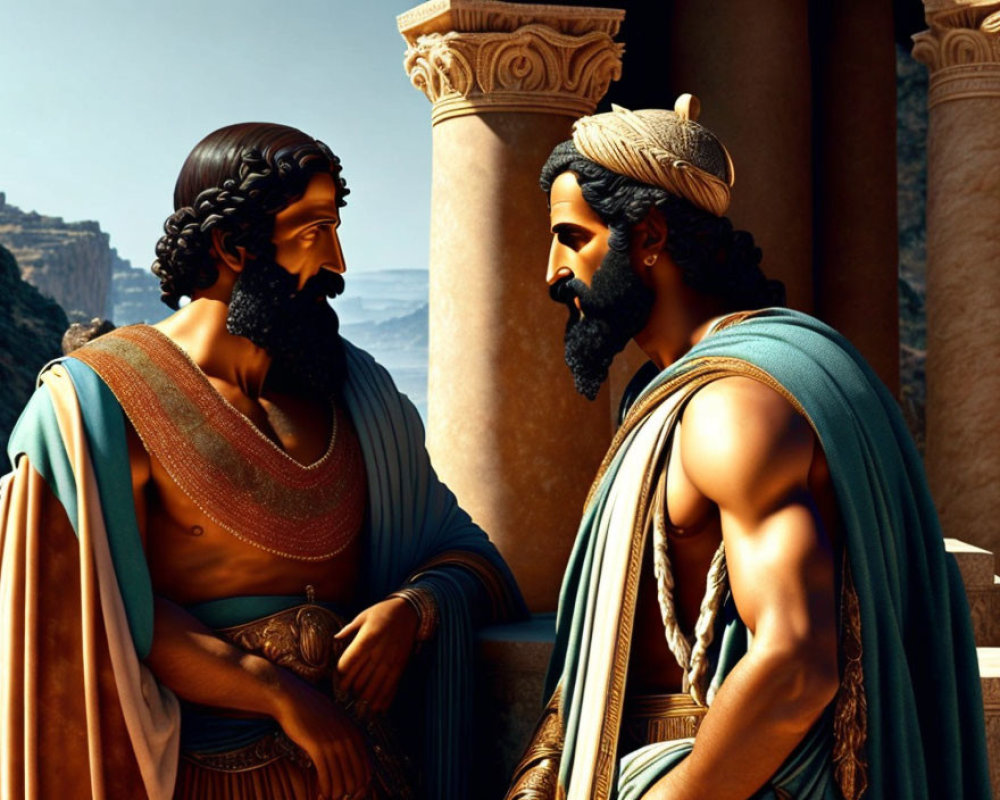 Animated Greek figures converse in traditional attire by ancient temple.