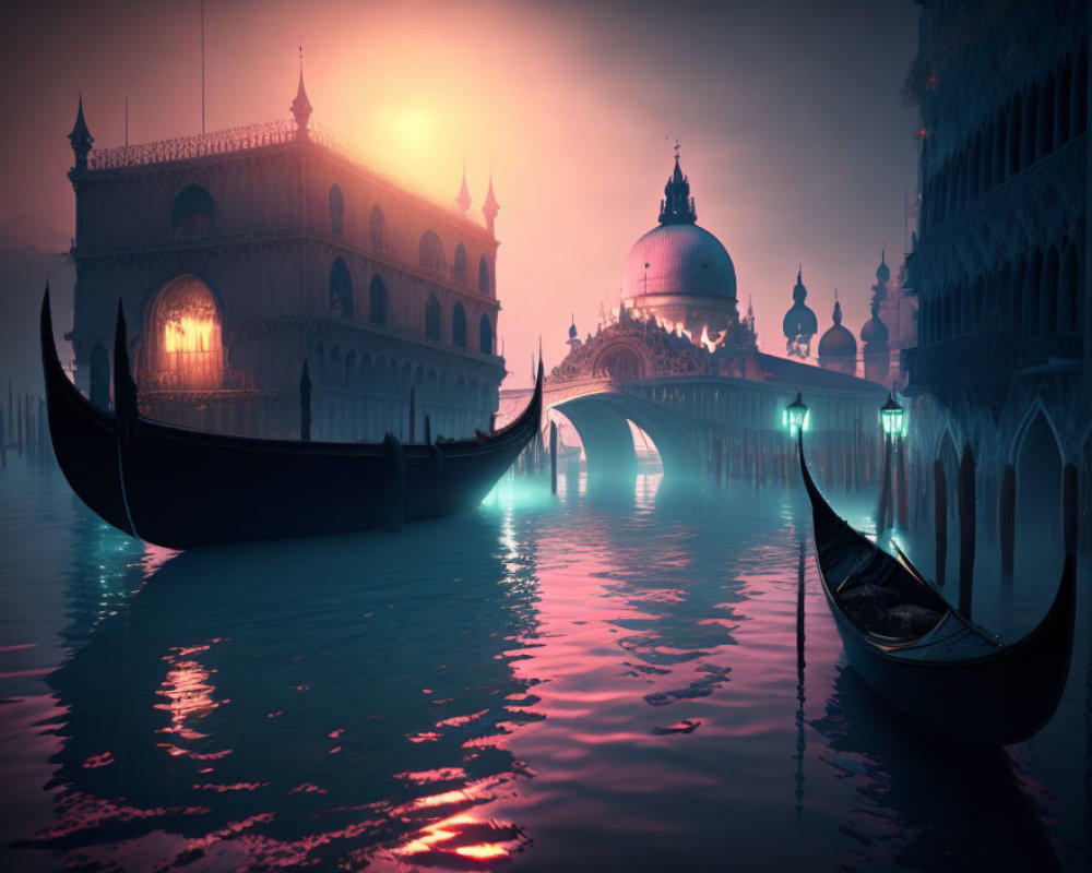 Surreal scene: gondolas, ornate buildings, bridge on calm waterway