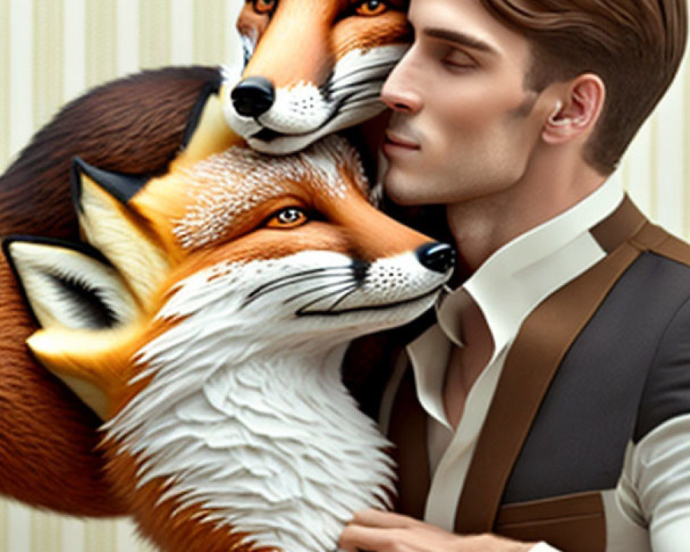 Man in vest embraces two foxes on beige background