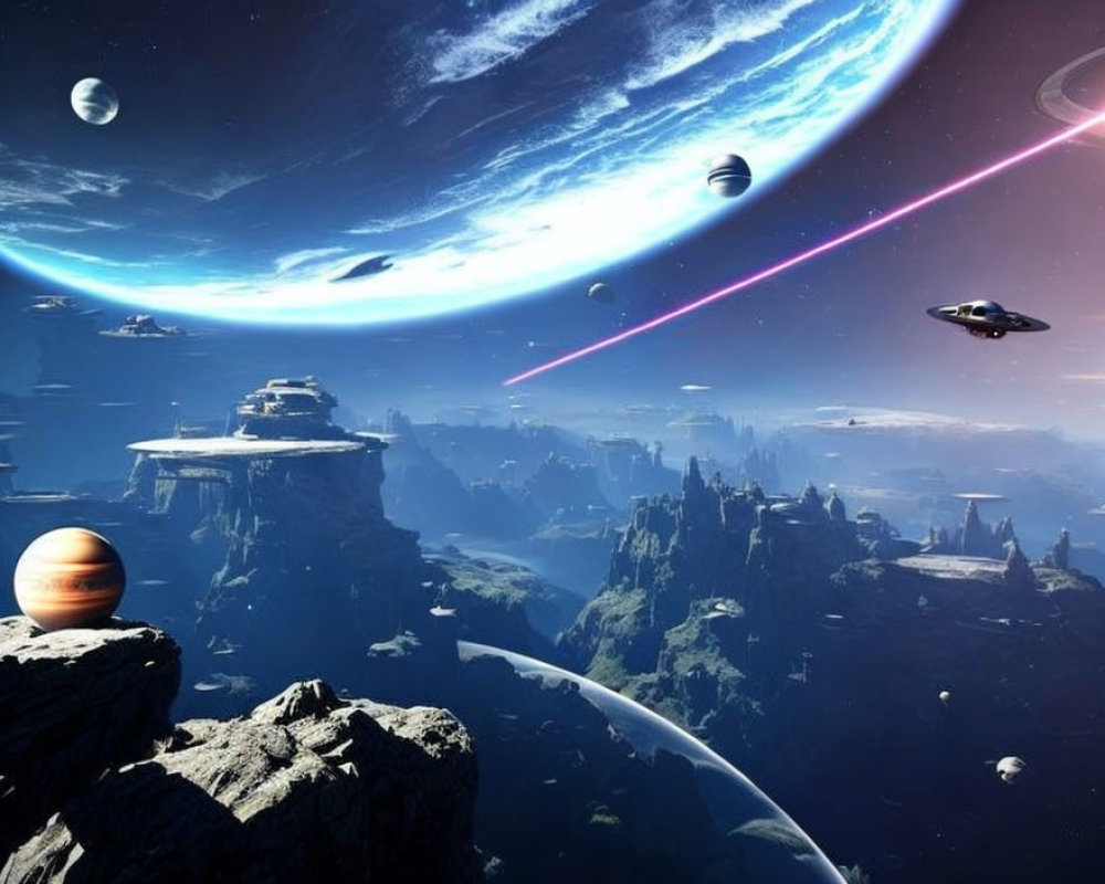 Futuristic space scene with UFOs, celestial bodies, vibrant blue planet, and rocky alien landscape