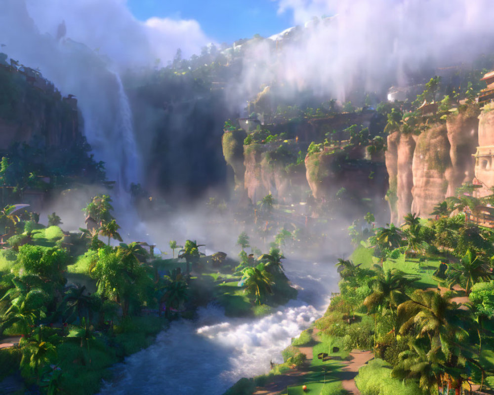 Scenic valley with waterfall, river, and lush tropical vegetation