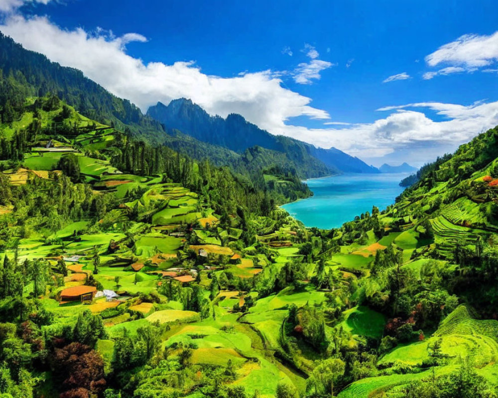 Scenic landscape with terraced fields, lake, mountains, and blue skies