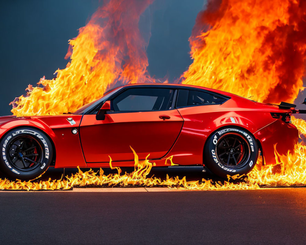 Red Sports Car with Racing Decals and Flames on Smoky Background