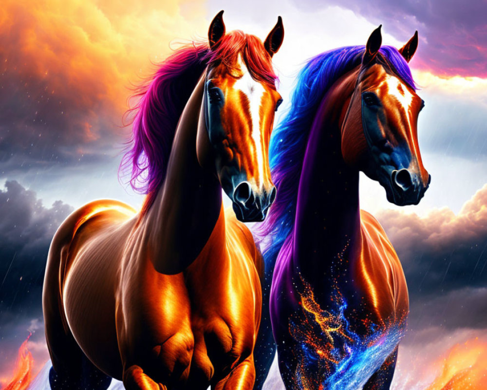 Majestic horses with vibrant manes under dramatic sky