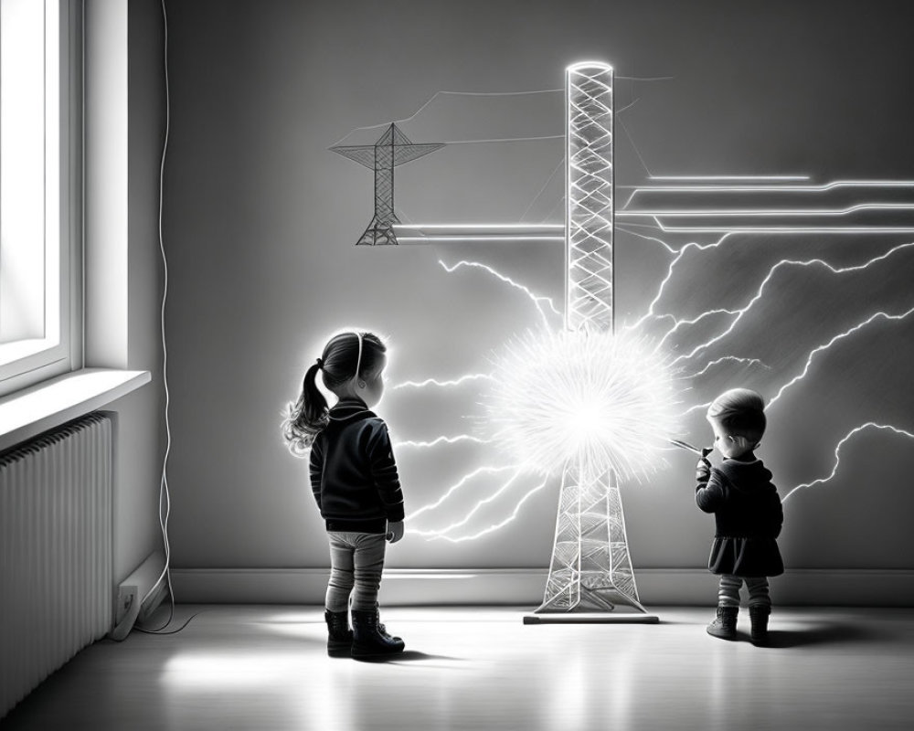 Children mesmerized by glowing electric tower and indoor lightning contrasted with dull window view and bright power surge
