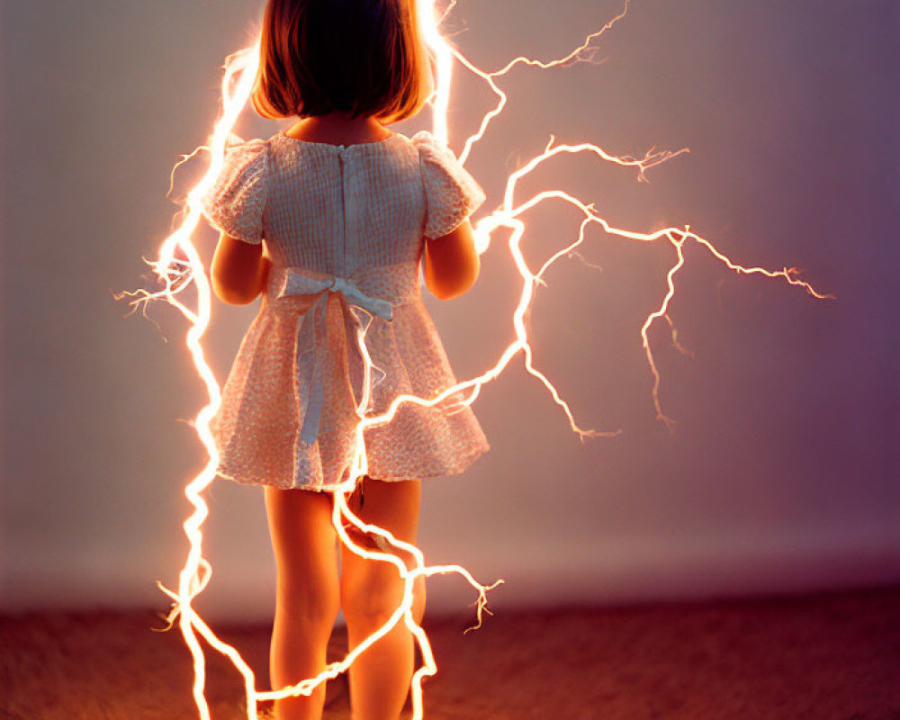 Young girl surrounded by bright lightning effect