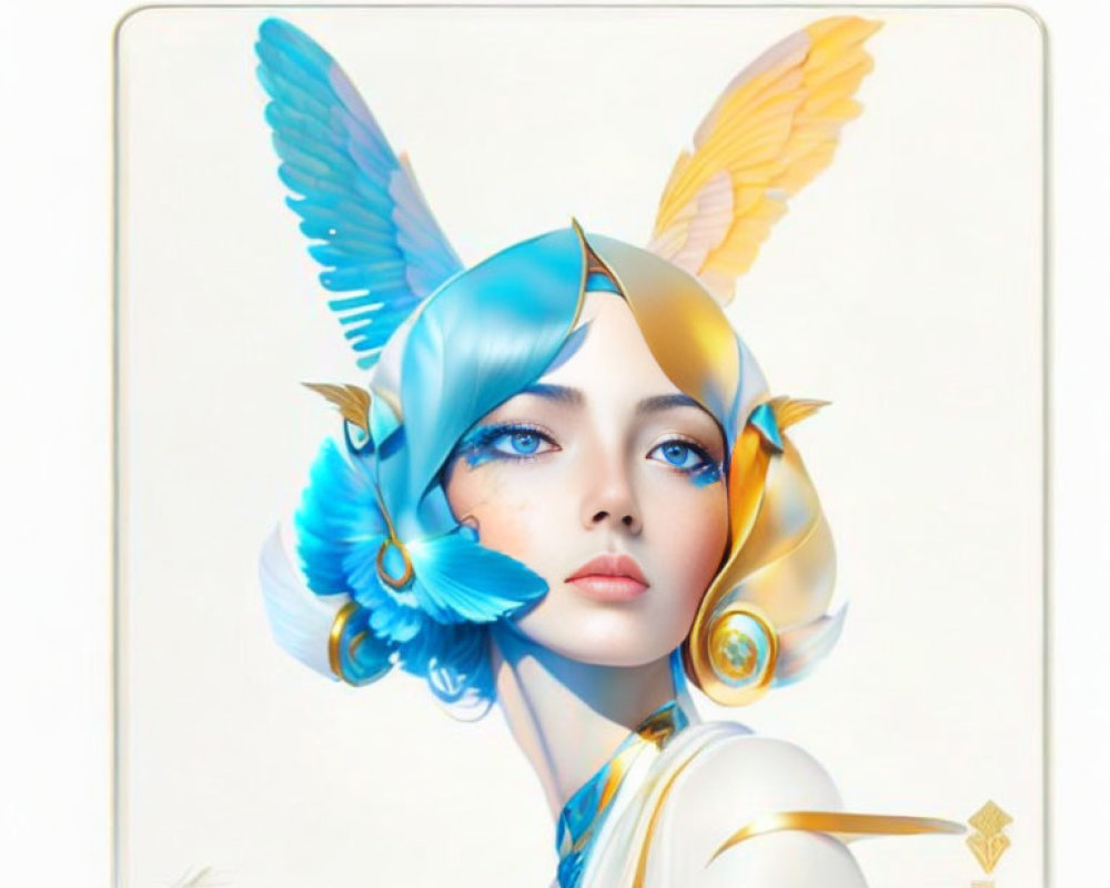 Digital portrait of woman with blue and gold butterfly wings and fantasy elements