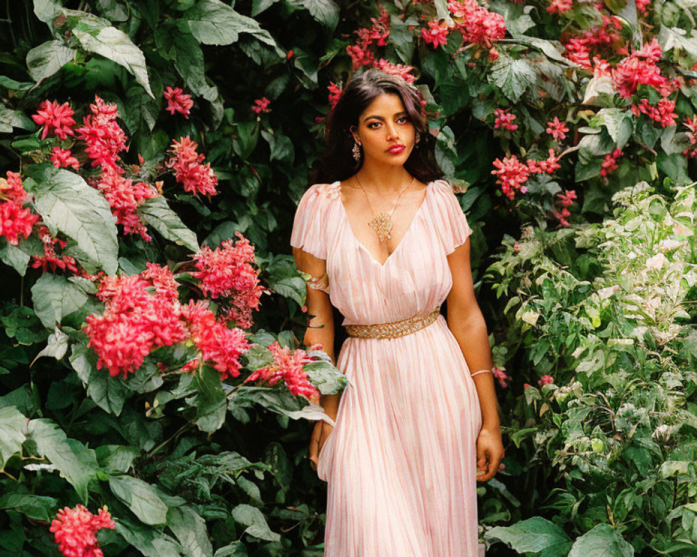 Woman in Pink Dress Surrounded by Greenery and Red Flowers