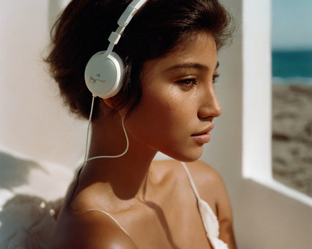 Contemplative woman with headphones in coastal setting