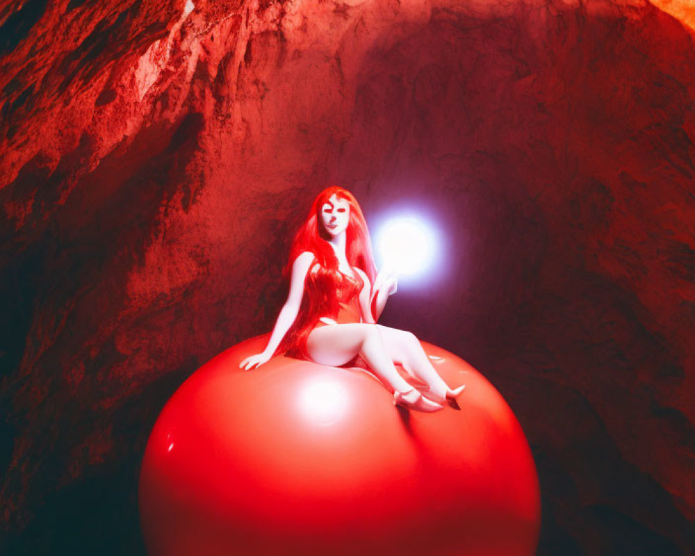 Red-haired woman with glowing orb on large sphere in amber cave