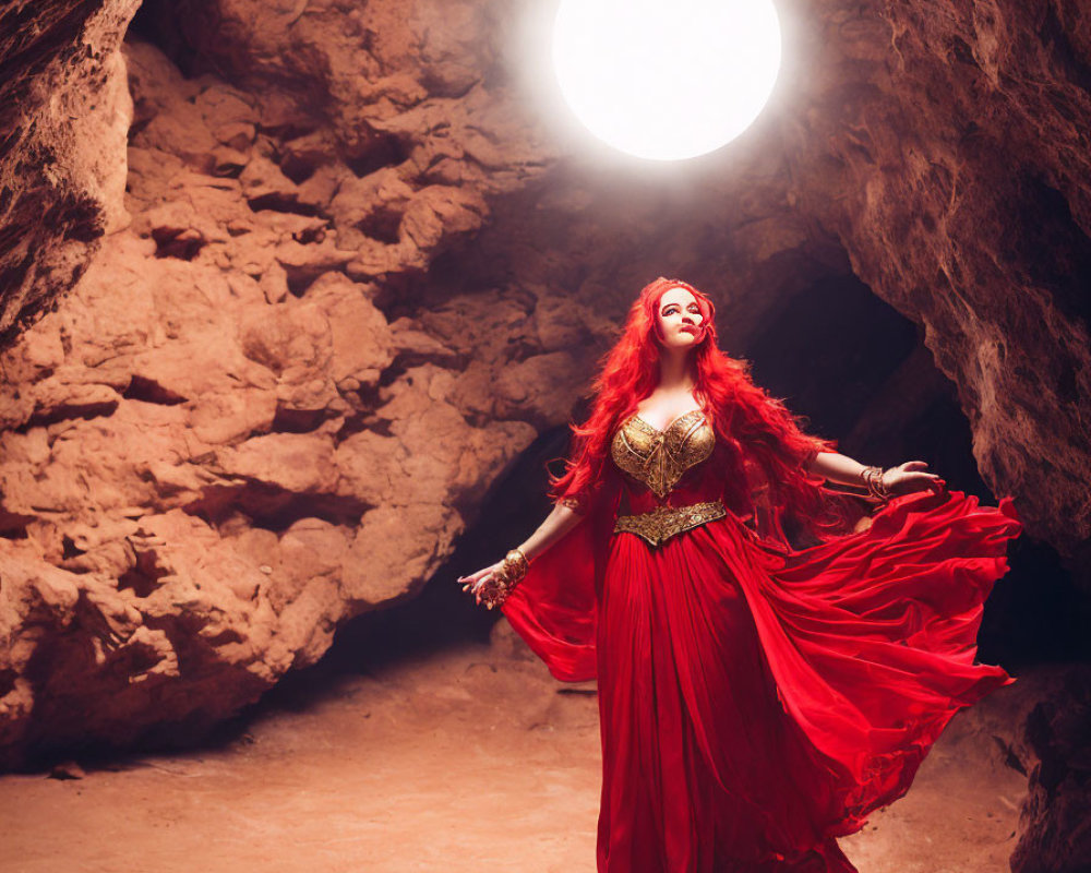Red-haired woman in vibrant dress standing in glowing cave