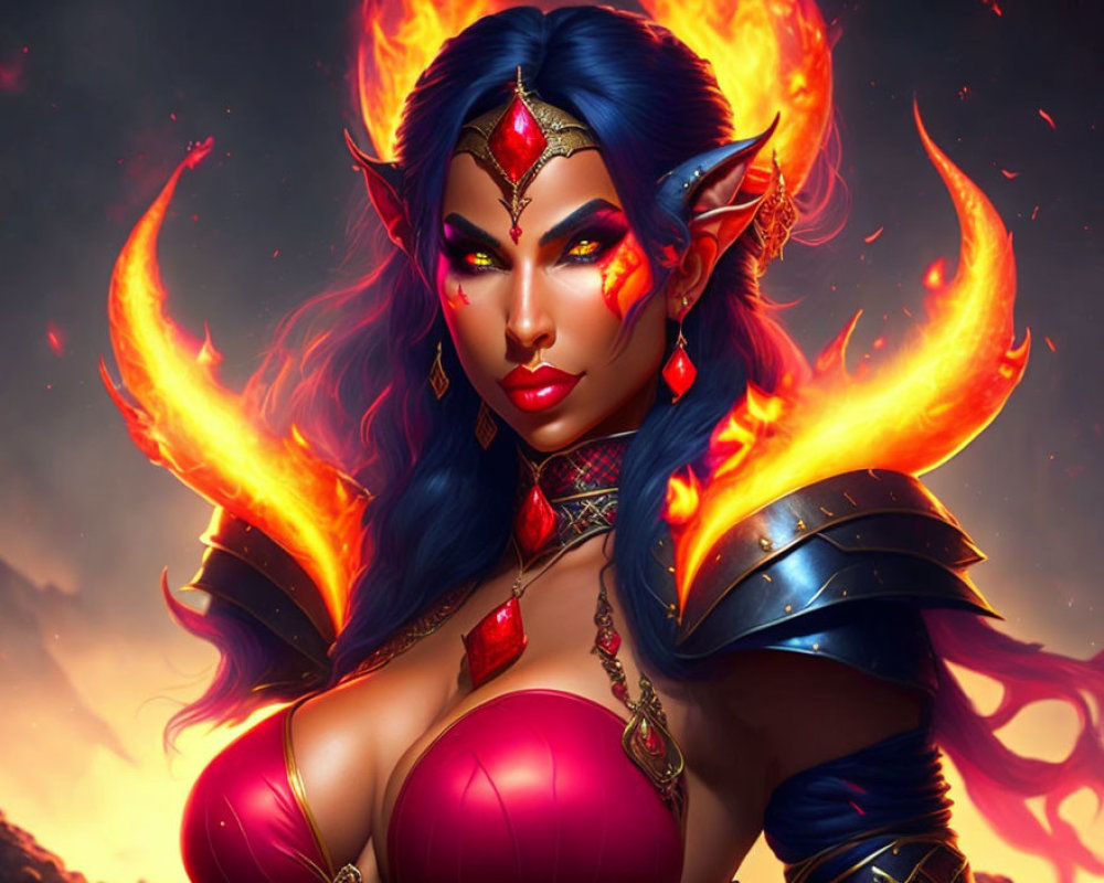 Fantasy illustration of female character with blue skin, fiery red eyes, pointed ears, in red and