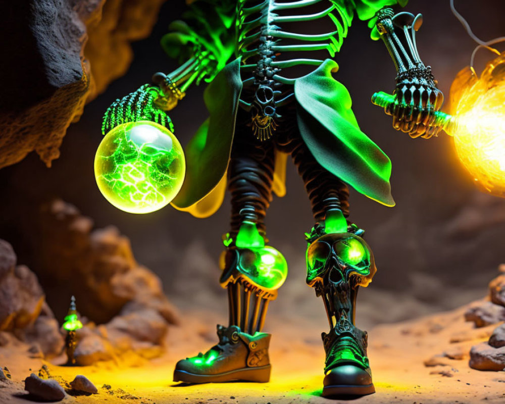 Neon green skeleton with orbs, cape, and boots on orange rocky backdrop