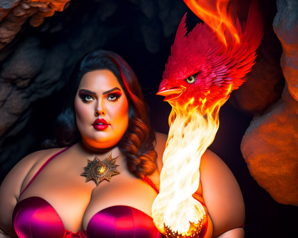 Stylized image: Woman with glamorous makeup & fiery phoenix in dark rocky setting