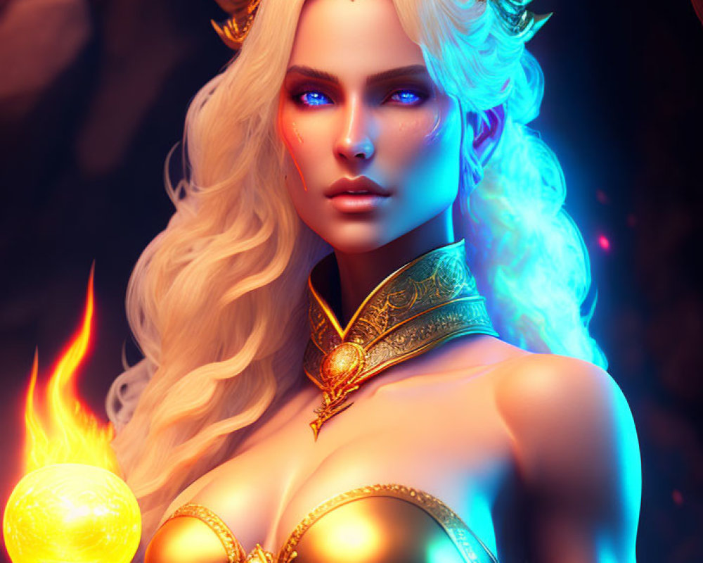 Fantasy illustration of female figure with golden horns, blue eyes, white hair, holding glowing orb