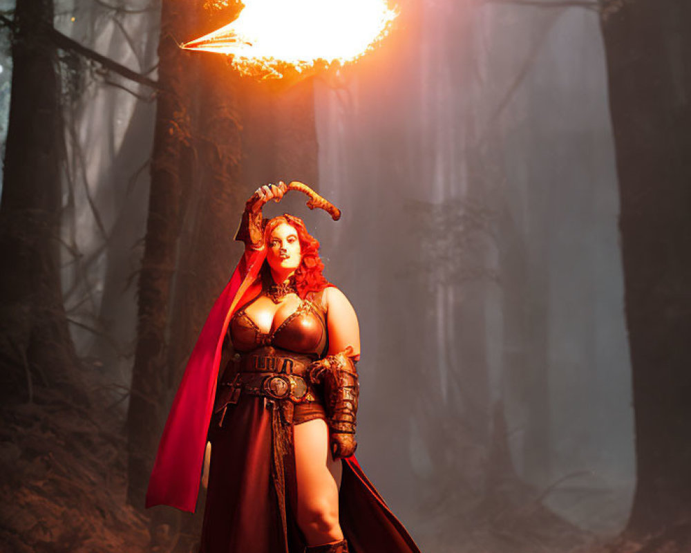 Fantasy warrior woman with red cape wields flaming sword in misty forest