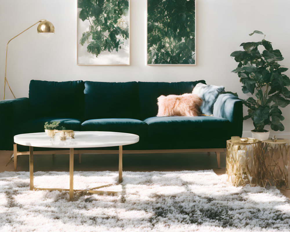 Dark Blue Sofa, White Coffee Table, Gold Side Table, Plants & Leaf Prints in Cozy Living