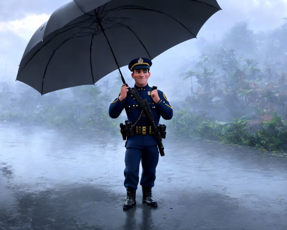 Animated police officer with umbrella on wet surface and greenery background