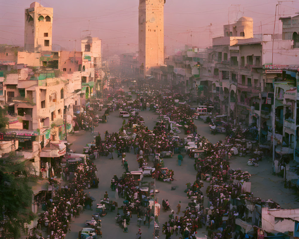 Busy City Intersection with Traffic, Buildings, and Tower at Dusk