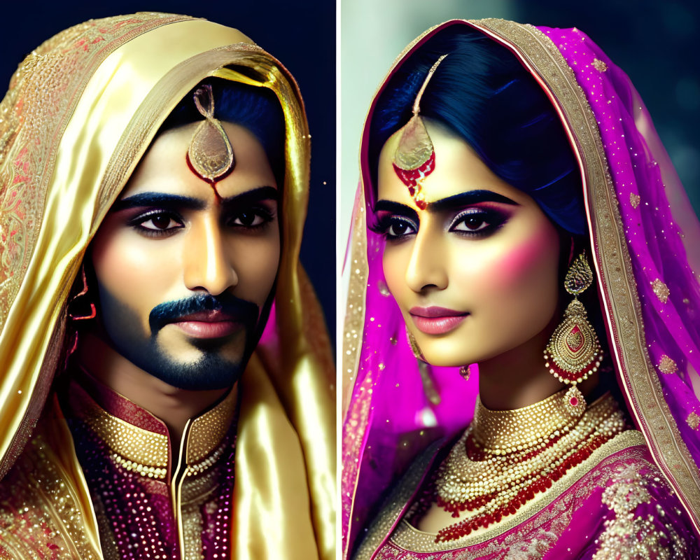 Traditional South Asian bride and groom in vibrant wedding attire