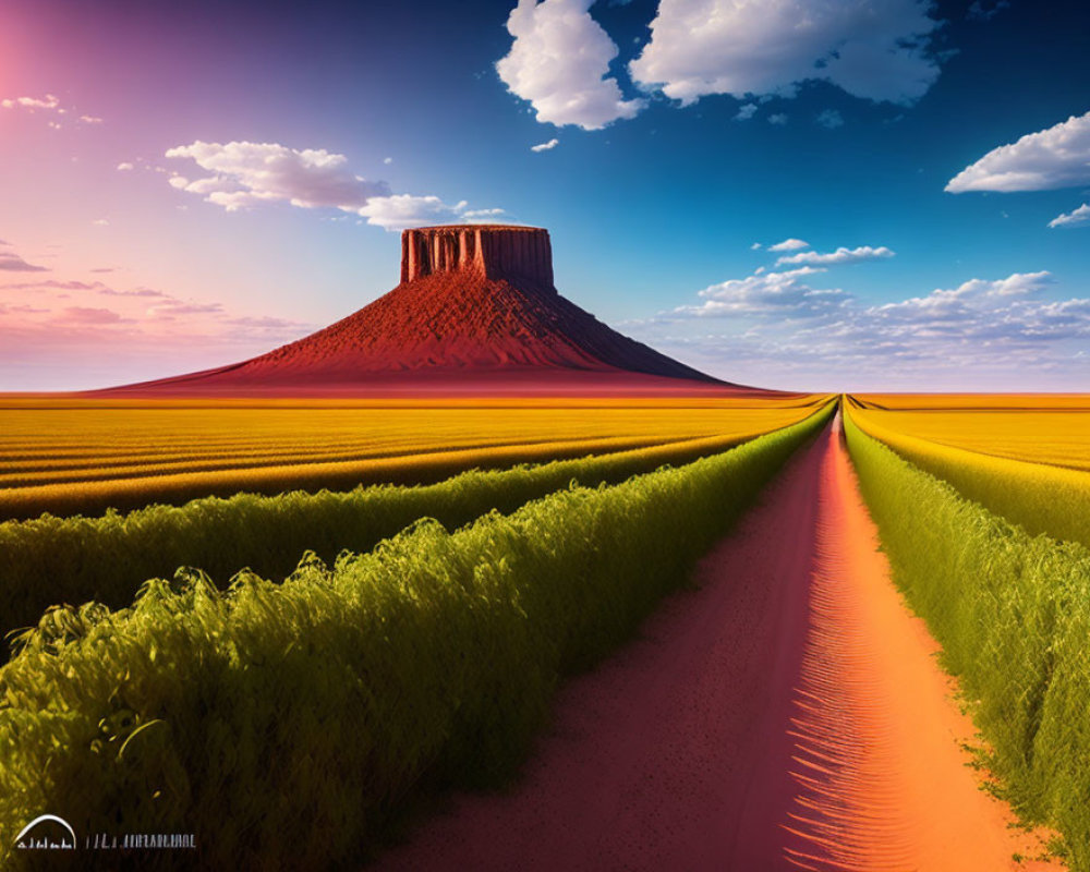 Colorful landscape with flat-topped mountain, red sand, dirt road, yellow and green fields under