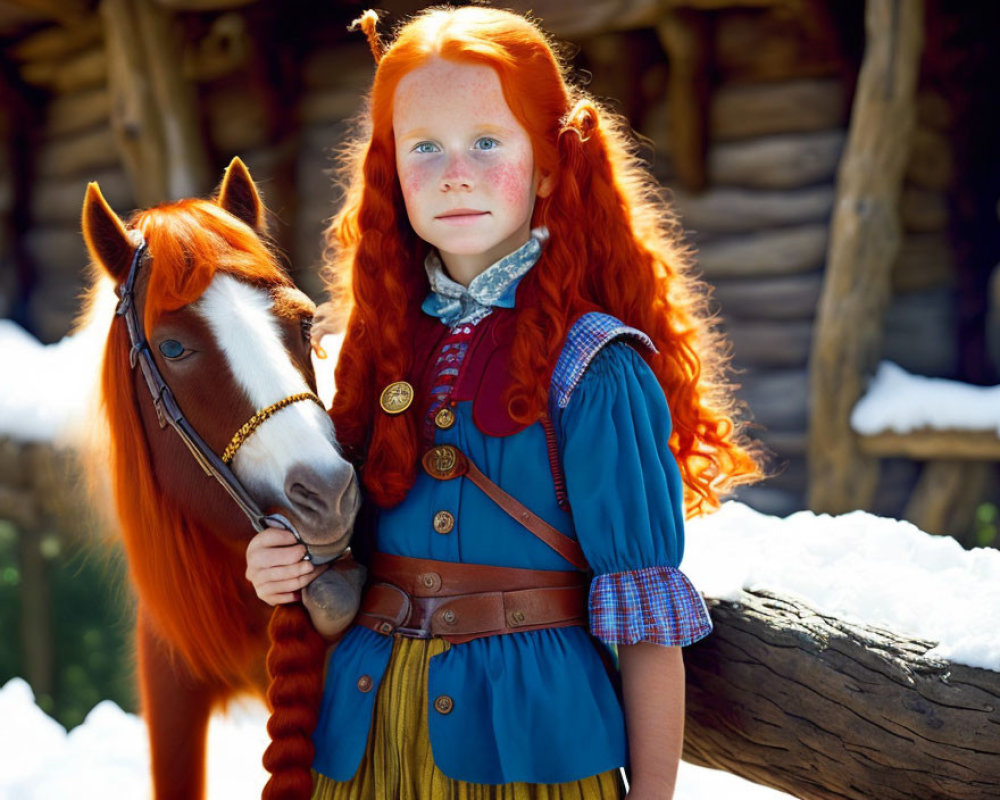 Red-haired girl in vintage clothing with brown horse in snowy setting