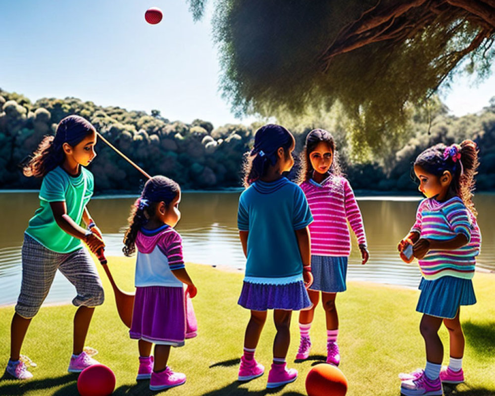 Children playing with red balls in sunny park by lake and trees