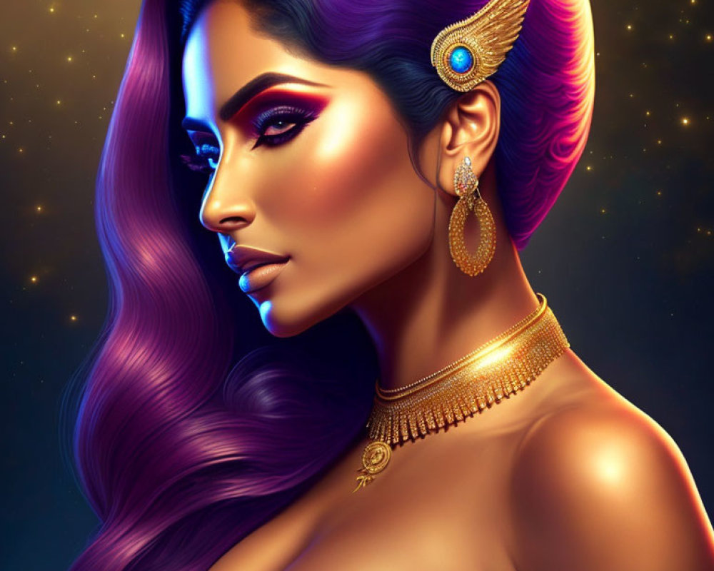 Woman with Purple Hair and Peacock Feather Accessory in Night Sky Illustration
