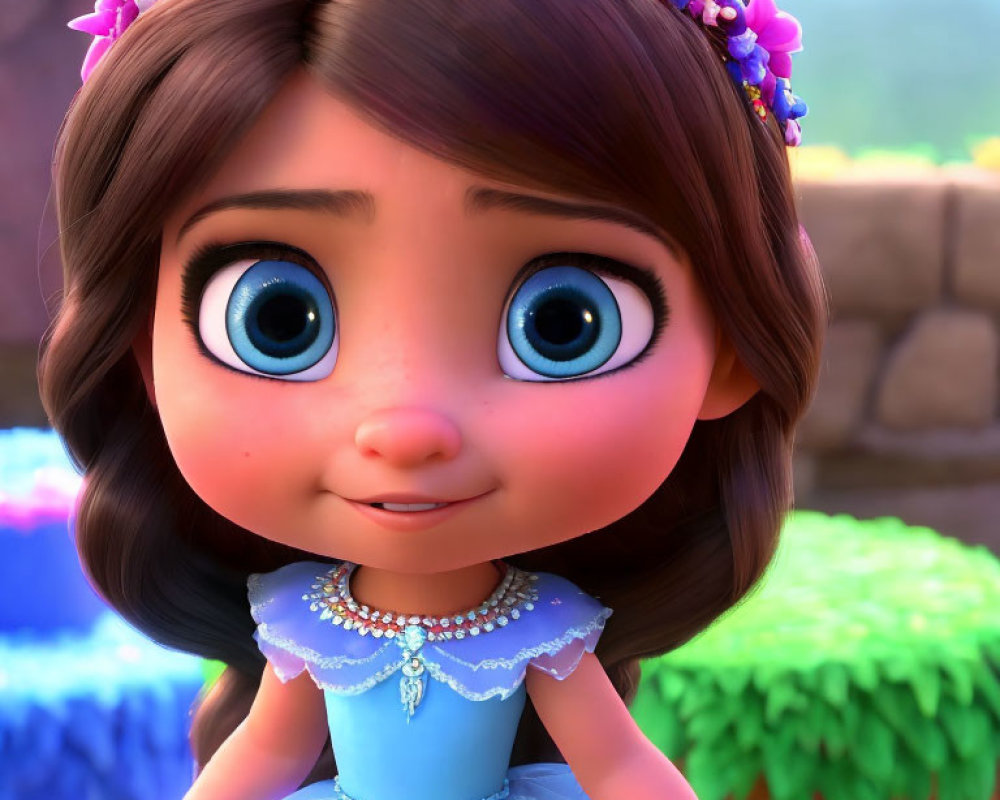 CGI image of young animated girl in blue dress with large blue eyes