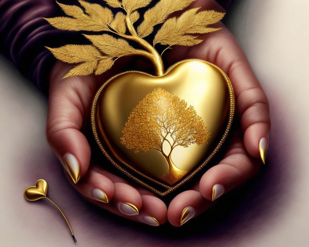 Hands holding heart-shaped locket with golden tree, leaf pin, and heart nearby