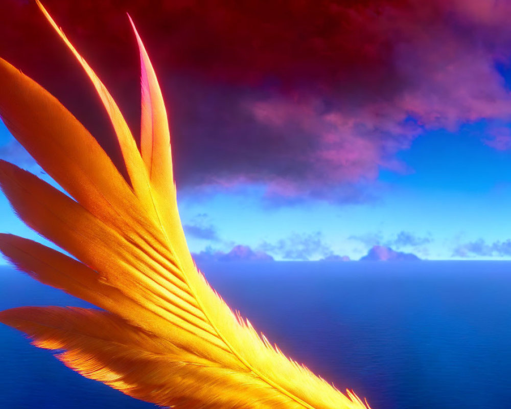 Close-up: Golden Feather against Blue & Red Sky at Ocean Horizon