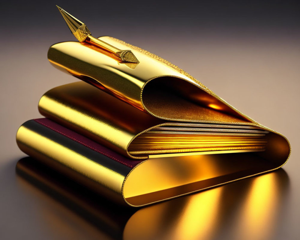 Luxurious gold-toned books stack with golden quill on warm reflective background