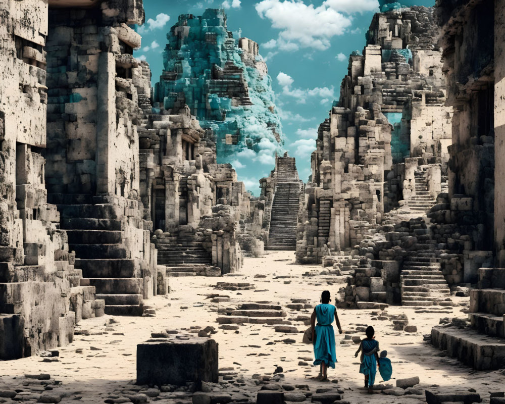 Mother and child in traditional clothing walking in ancient ruinous city under blue sky