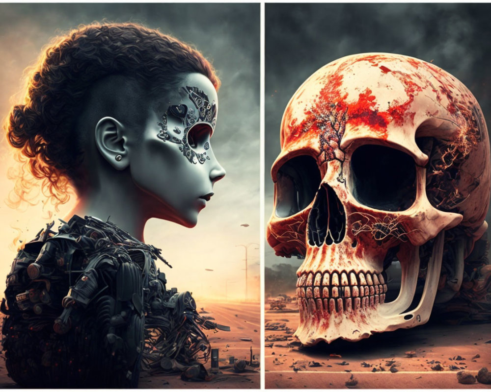 Cyborg woman and skull in dystopian landscape split image