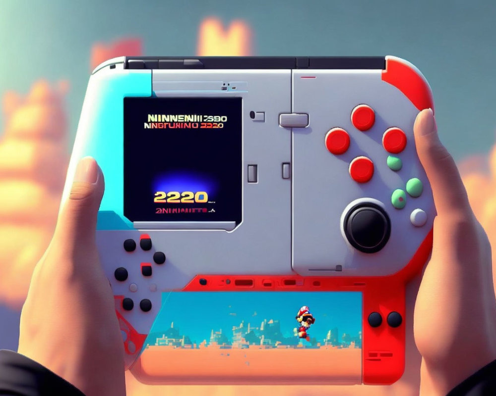 Custom Gaming Handheld Device with Mario-like Character Jumping on Screen