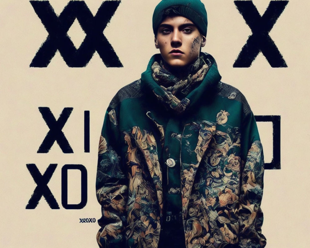 Fashionable individual in green patterned attire with X and O symbols.