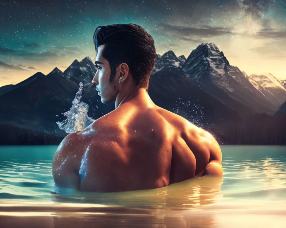 Man partially submerged in water with mountains and twilight sky background.