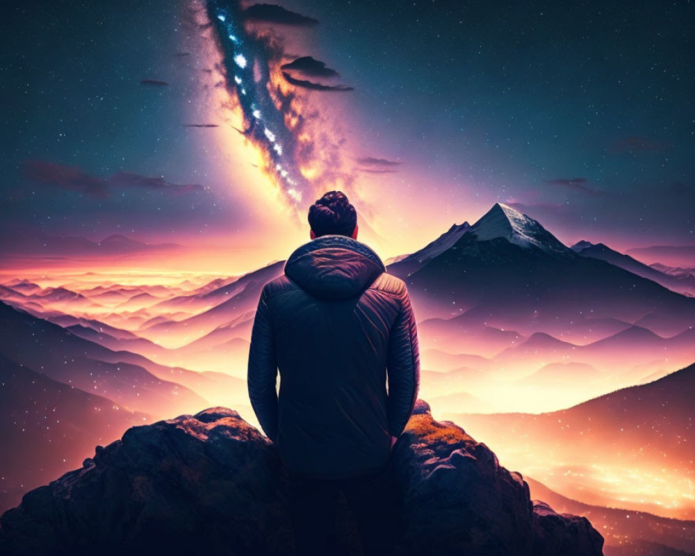 Person admiring Milky Way on rocky peak at night