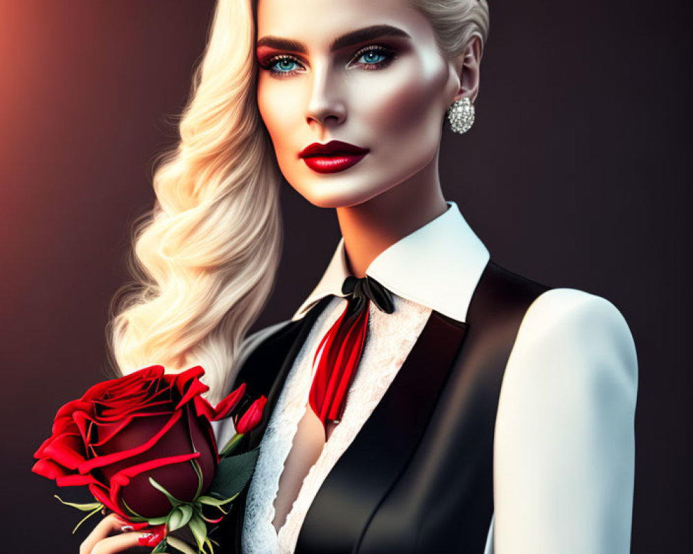 Stylized portrait of woman with blue eyes and blonde hair holding red roses