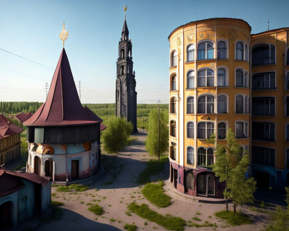 Pointed steeple church next to modern yellow building on cobblestone street