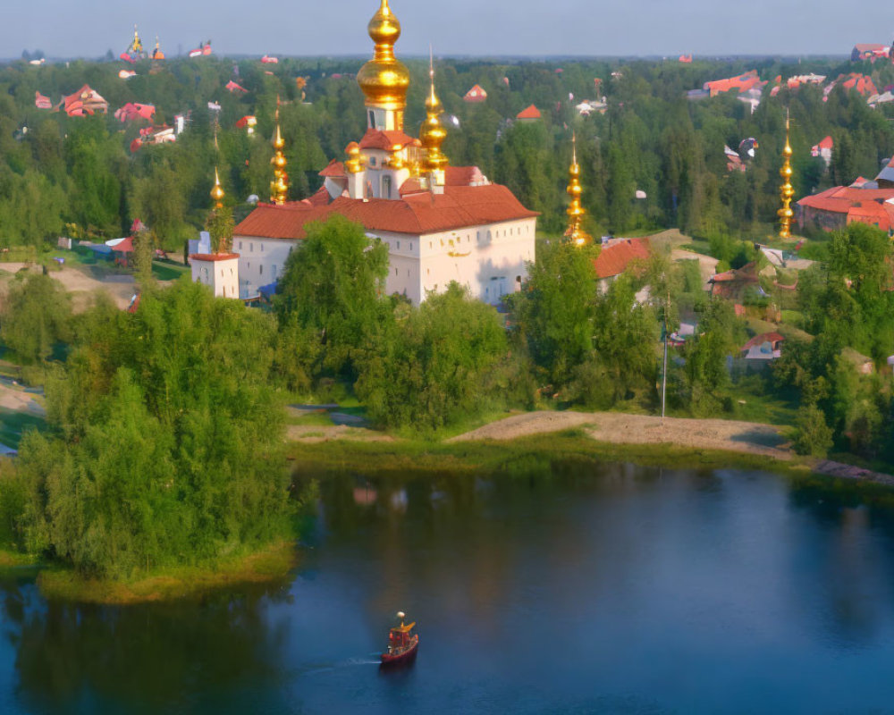 Golden-domed monastery by river with boat, serene greenery