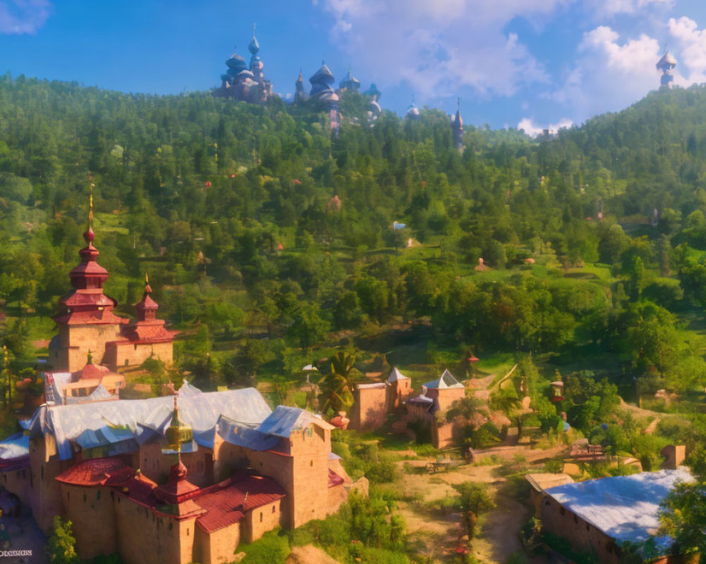Warm-Toned Fairytale Village in Lush Greenery