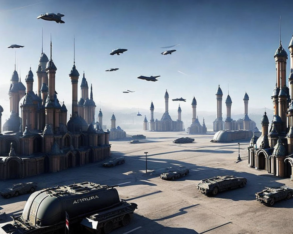 Futuristic sci-fi cityscape with flying vehicles and tanks.