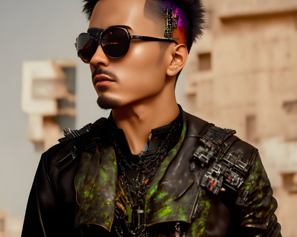 Spiked mohawk man in futuristic military jacket against urban backdrop