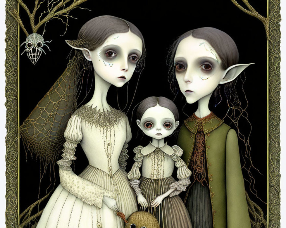 Vintage-style illustration of three pale, elf-like characters in ornate borders